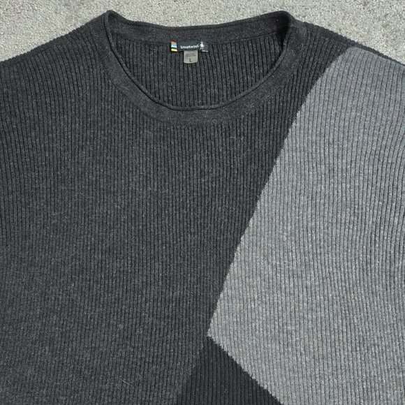 Smartwool Merino Wool Blend Black Gray Diagonal Colorblock Ribbed Sweater - Picture 4 of 8
